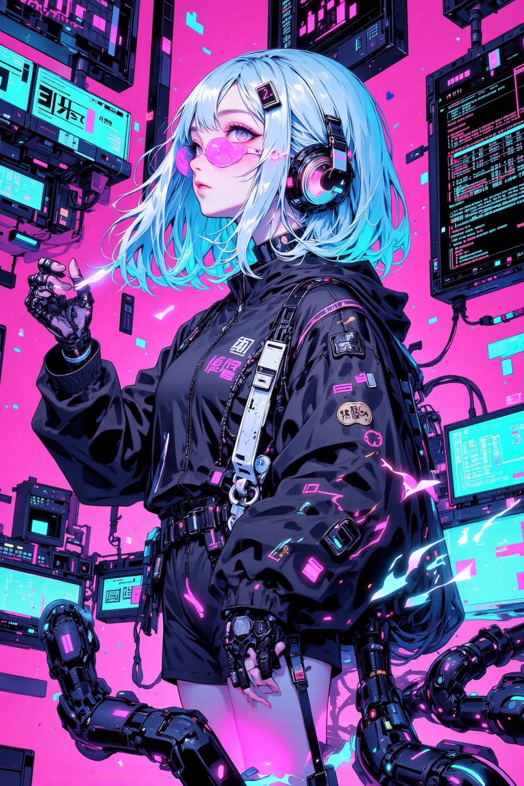 A futuristic hacker woman, Bob＋Mesh Color（Blue or purple)Incorporate hairpins well with an asymmetrical hairstyle,wear a futuristic jacket with fluorescent lines,cyber goggles and earphone type devices, headphones around the neck ,tight shorts that are eas...