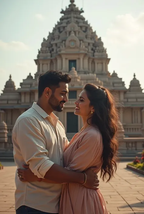 A couple at the temple the name of temple is iscon  men scrolling on her hair and  the women hugging him and they both are making eye contact  they are standing some distance from the temple with the open sky 