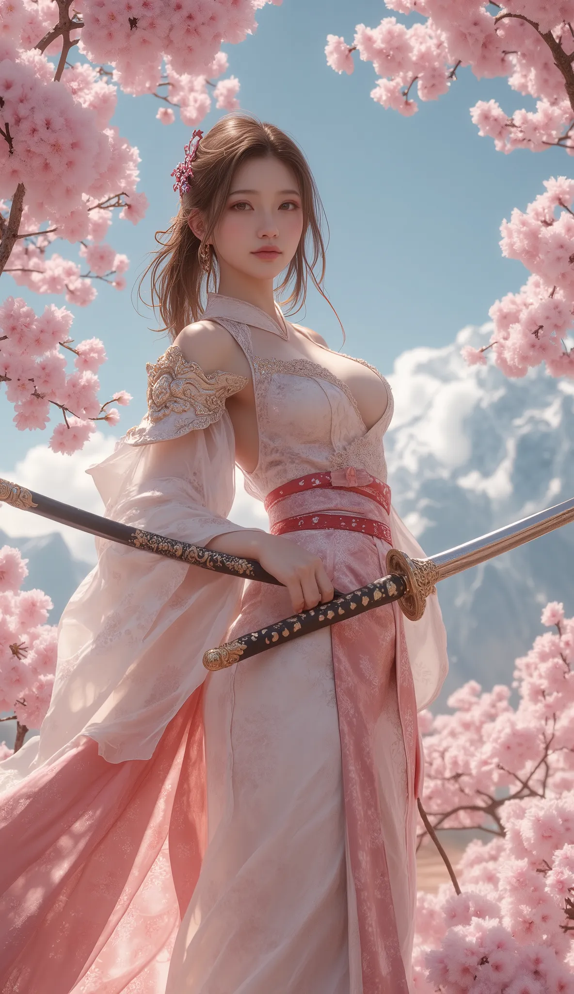  An elegant woman with a long , a shining Japanese sword surrounded by scattered cherry blossoms. The woman is dressed in an elegant , Calm expression, Wear it、 flowing , (The costume is a kimono、 It features intricate patterns and subtle armor detailing )...