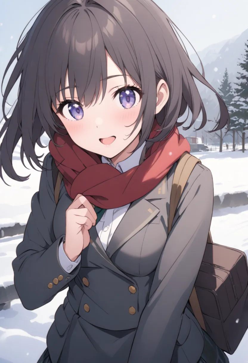 Student girl in uniform and snow