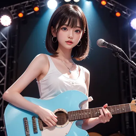 A young woman with straight bangs ( quick bangs) Shiny silky blond short hair、 playing an electric guitar on a live stage at an outdoor music festival. She is energetic and passionate, surrounded by a crowd of cheering fans. The stage is brightly lit with ...