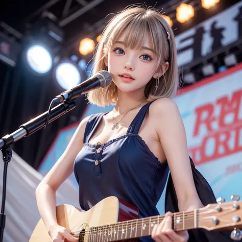 A young woman with straight bangs ( quick bangs) Shiny silky blond short hair、 playing an electric guitar on a live stage at an outdoor music festival. She is energetic and passionate, surrounded by a crowd of cheering fans. The stage is brightly lit with ...