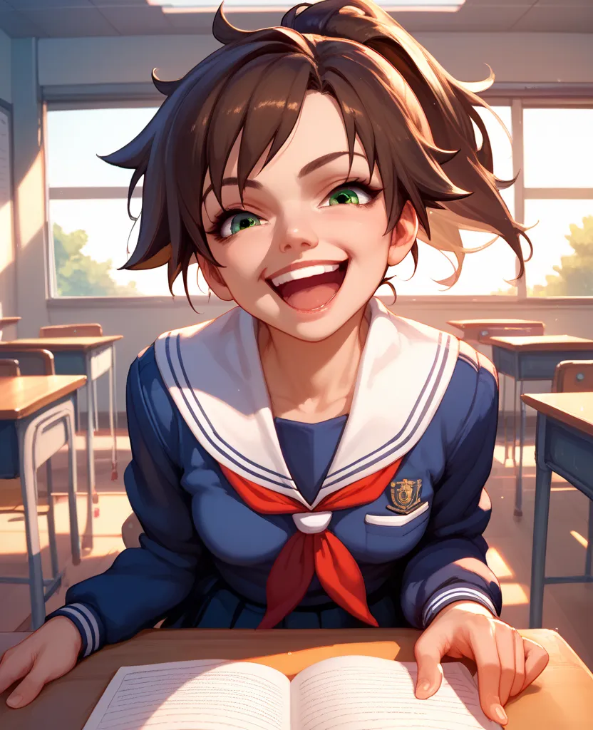 young mature beautiful,cool,tomboy,lady,brown ponytail hair,green eyes,tsurime,Small breasts,Wearing sailor School uniform,1960s,First Person View,(((derisive laugh))),sitting cross-legged at a desk in the classroom,