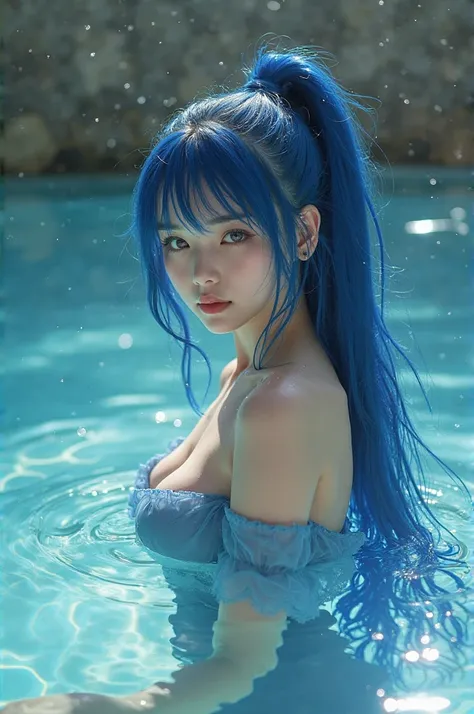 Girl with very long blue hair, pony tail, wearing transparent blue leotard, off shoulder, very big  breasts, into the water, not to skinny, realistic, photograpth, cute japanese 22th girl, 