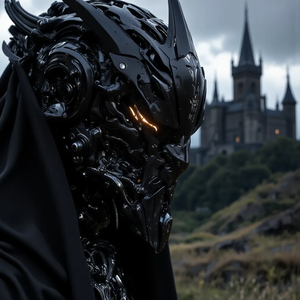 ((realistic)), cinematic shot, movie theatre, See photo , 最high quality, high quality, ( detailed face and eyes :1.1),  A giant knight in black armor, ((complicated helmet)), Face Mask Armor, ((big eyes)), Black sclera, In the countryside,  dark eyes, subs...