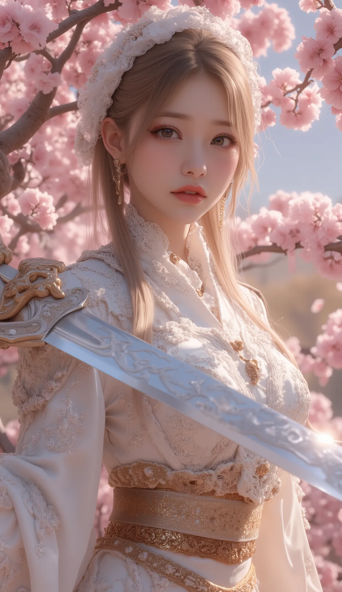  An elegant woman with a long , a shining Japanese sword surrounded by scattered cherry blossoms. The woman is dressed in an elegant , Calm expression, Wear it、 flowing , (The costume is a kimono、 It features intricate patterns and subtle armor detailing )...