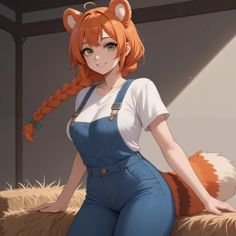 (Masterpiece) (High Detail) (High Res) A short curvy slim Humanoid red_panda Female with tanned human skin and bright green eyes and long braided orange hair and fluffy orange red_panda ears and a long fluffy red_panda tail and medium breasts. She is sat o...