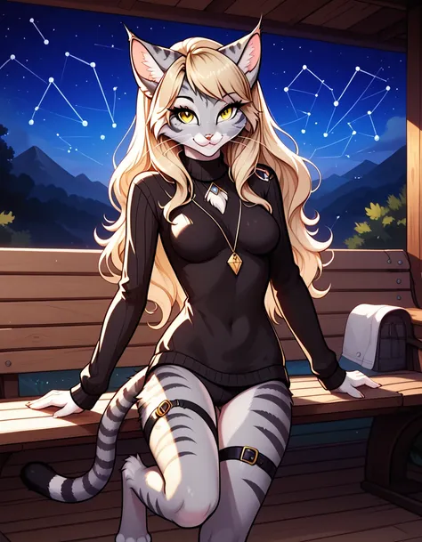 feline, anthro, female, beautiful, sexy, feline tail, eyelashes, black fur, yellow eyes, ((digitigrade)), detailed eyes, long hair, beautiful hair, medium breasts, looking at viewer, smile, standing, wearing (stylish shoulder crop-off black sweater, black ...