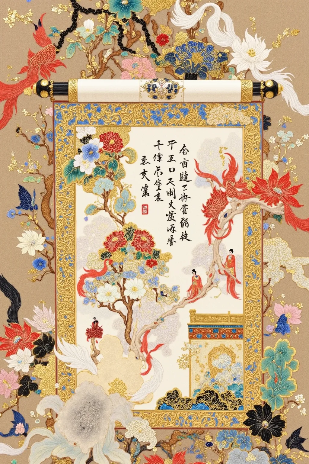 Close up of a scroll with human figures, A beautiful illustration  , Poster illustration, author：Yan Hui, author：Li Song, author Jason Chan, Beautiful display of the , by Qu Leilei,  Detailed Book Illustration  , author jeonseok lee, author：unbelievable, a...