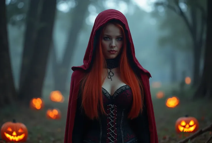 Create a fantasy-inspired scene featuring a mysterious figure dressed as a dark and enchanting version of Little Red Riding Hood. The character has long, flowing red hair, a crimson hooded cape, and a gothic corset with intricate metallic details. The sett...