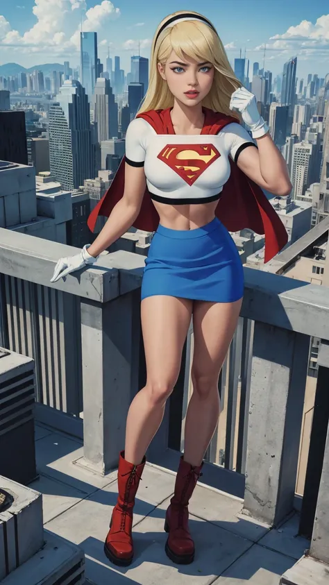 (cowboy shot), NSFW, (masterpiece), (best quality: 1.0), (ultra highres: 1.0), detailed eyes, BREAK Supergirl, 1girl, long blonde hair, Hair band, \(white\) crop top, blue skirt, six pack abs, gloves, boots BREAK (clouds, city, stunning view) sexy, stunnin...