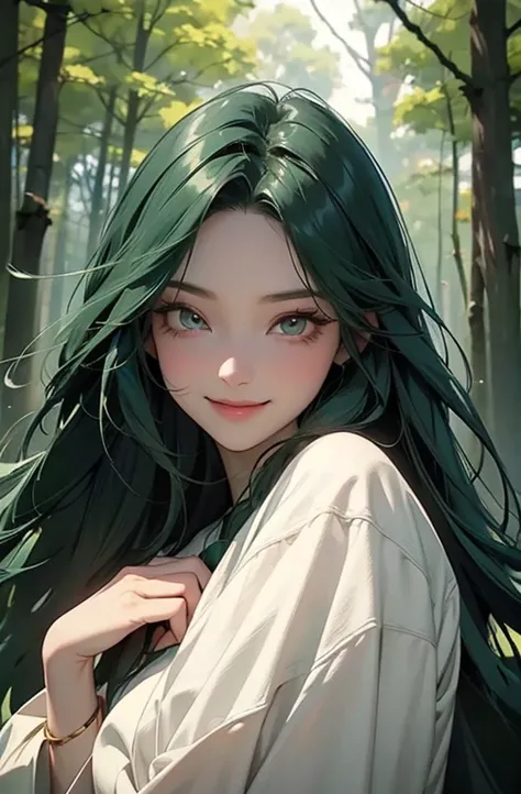 Top Quality、long dark green hair and crimson eyes、Forest Witch Princess with a black veil、((Laugh gently)).