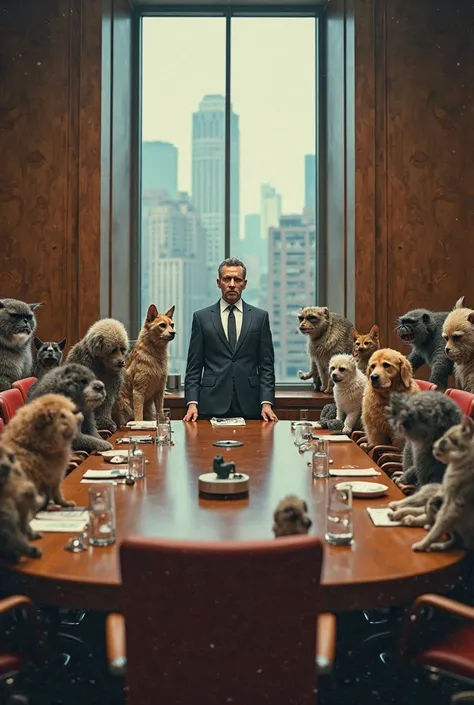 Man in meeting room with animals 