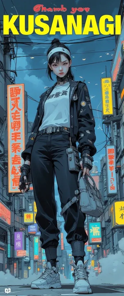 "Thank you KUSANAGI "Detailed Headline Signs, steampunk,(Her outfit is（（black jacket with rolled up sleeves））,fingerless gloves, white t-shirt, （（  white headband ））, black pants, white shoes ),mechanical,Piping, factory,starry sky,night,neon,cloud,Flock o...