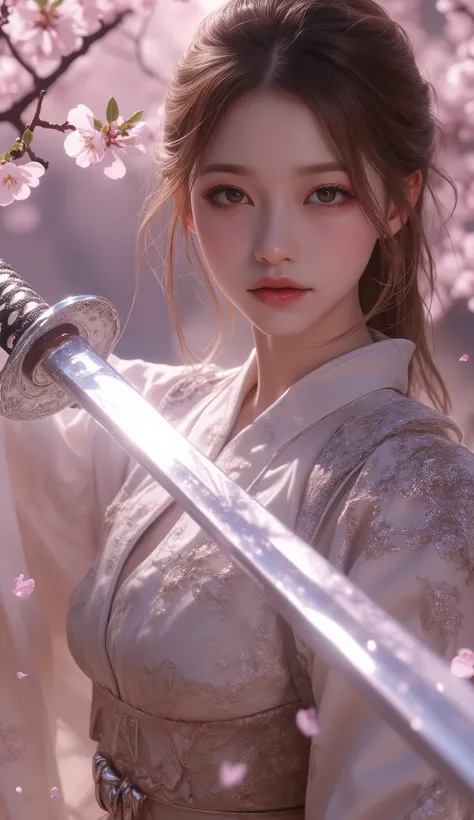  An elegant woman with a long , a shining Japanese sword surrounded by scattered cherry blossoms. The woman is dressed in an elegant , Calm expression,  (The costume is a kimono、 It features intricate patterns and subtle armor detailing )、(She holds a swor...