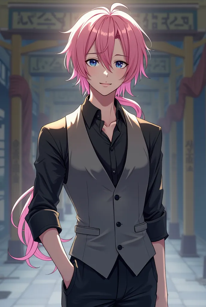 A young guy, slim pale body, long side bangs, low pink ponytail, dark blue eyes, collared black shirt with gray waistcoat, black slacks and shoes, anime 