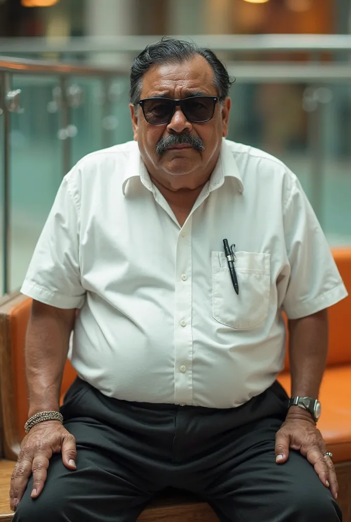 [An older man, likely in his late 50s or early 60s] [with a broad, slightly rounded face shape] [medium brown skin tone with visible age lines] [a thick mustache adding to his mature appearance] [wearing large, dark sunglasses that conceal his eyes] [black...