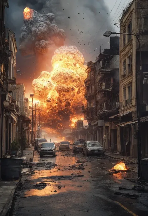 Several burning asteroids falling on a poor city street, asteroid rain, houses being destroyed, people abandoning their homes and the fire spreading,