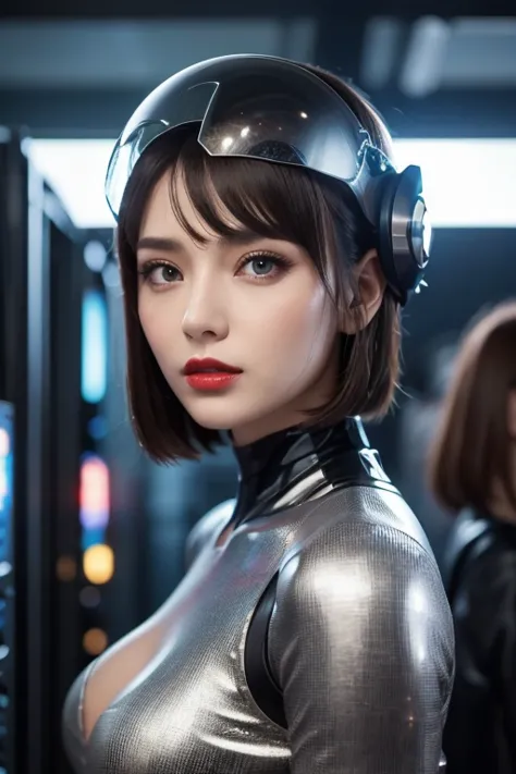  close-up of a woman wearing a futuristic helmet and red lipstick, Cyberpunk Jackie Wells, cgsociety 9,  style for stilets = Retro futuristic ,  beautiful android woman ,   female android ,  retro futuristic fashion , movie「 Blade Runner 」Still image of, F...