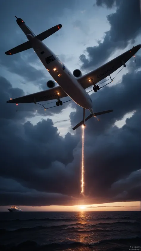 A large commercial airplane flying through a dark, stormy night sky over the ocean. The plane’s lights flicker, and strange, glowing clouds surround it. In the distance, the radar signal fades away, symbolizing the aircraft’s disappearance. The atmosphere ...