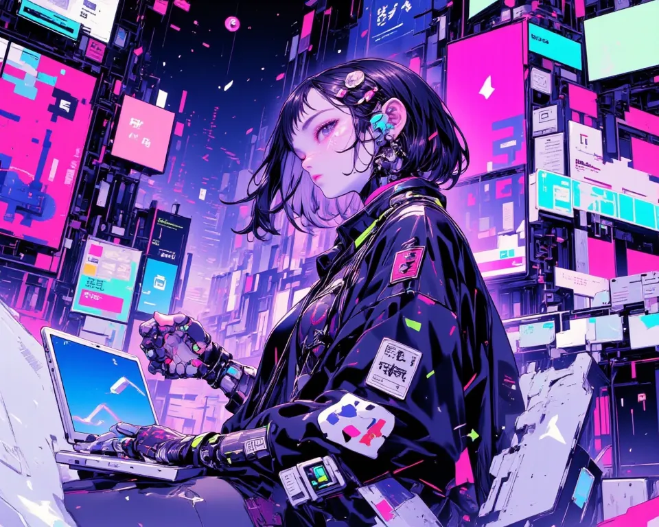 A futuristic hacker woman, Bob＋Mesh Color（Blue or purple)Incorporate hairpins well with an asymmetrical hairstyle,wear a futuristic jacket with fluorescent lines,cyber goggles and earphone type devices, headphones around the neck ,tight shorts that are eas...