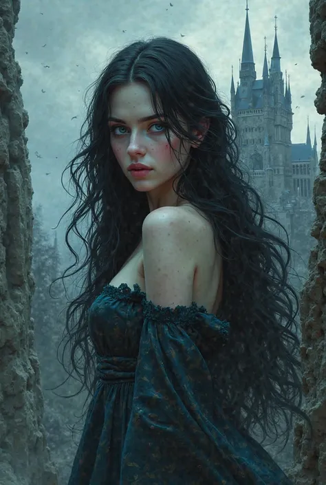 The cover of a book about a maiden with long black hair and blue eyes and a count behind you who owe a castle 
