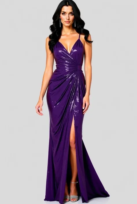  Woman, Realistic, black hair, long hair, hairstyle, wavy hair, Long purple sequin dress with V-neck pierced, thin straps, draped on the front and back, front slit and invisible side zip closure,  silver high heel shoes.