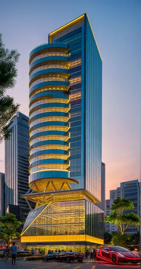 luxury glass office building, luxury shopping mall at podium, (glass facade with high reflection:1.2), (sunset time:1.2), plenty of cars and people, luxury ambience, luxury building surrounding, (neon light outline the building:1.2), (neon light on the str...