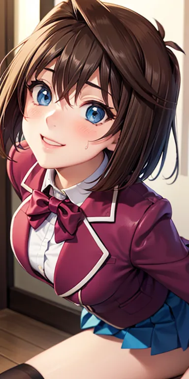      1 female, high definition,dementia,          ultra-realistic          ,8K, aamazaki, ( capillary antenna    :1.2), blue eyes, blue,      pink jacket, blazer,  Long Sleeve Leather, blue skirt ,      Skinny skirt     ,      miniskirt,     pleated skirt ...