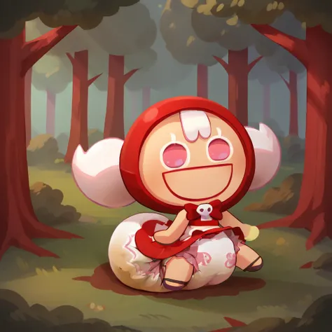 score_9_up, score_8_up, BREAK, CherryCookieRun, 1girl, solo, white hair, pink eyes, red hood, sleeveless dress, red dress, chibi, upper body, forest, smile, small curvy loli, big hips, big diaper, messy diaper, enormous saggy bulging diaper, diaper keeps g...