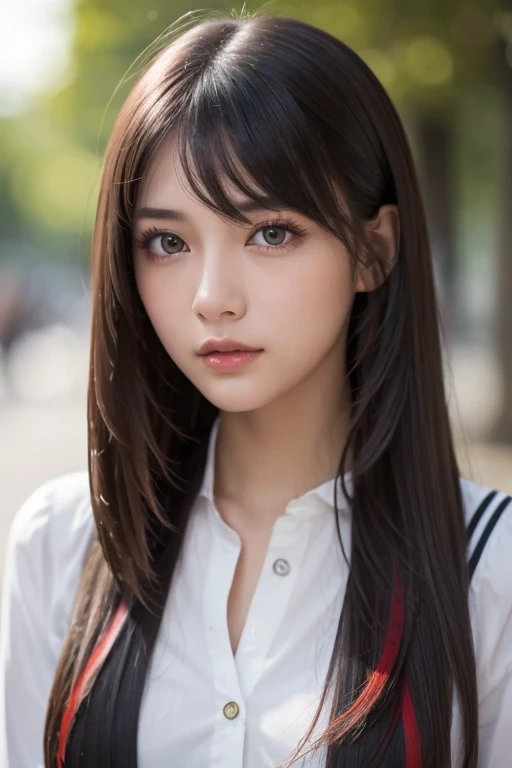 2D French girl with long black hair with ONE red streak and brown eyes, Skin color is white. A photo focusing on the face and hair. 