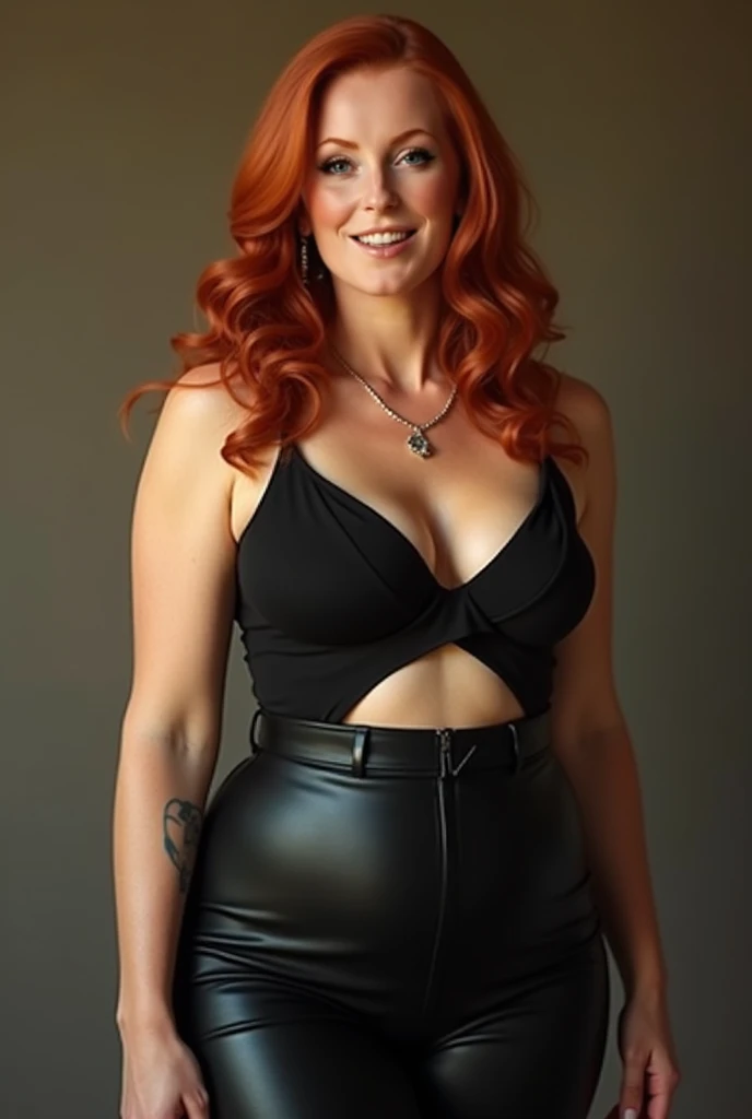 "A very beautiful, realistic and natural woman in her 40s., Full body, A redhead with long wavy hair with a sturdy and curvaceous figure, with wide, fleshy and high hips, with a flat belly, slightly overweight but shaped,  very sensual, Thick body and shor...