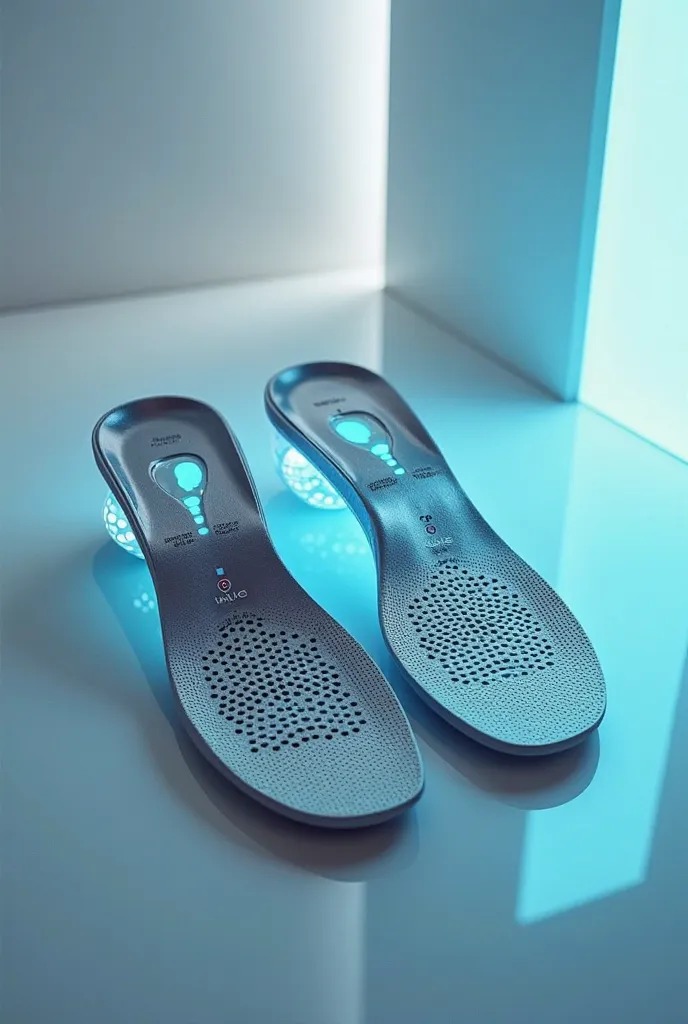 "A pair of futuristic orthopedic insoles with a design ergonomic and technological. They are made of recyclable materials, ultralight and breathable, with a finish in shades of aqua blue and silver gray that transmits modernity and comfort. Their upper sur...