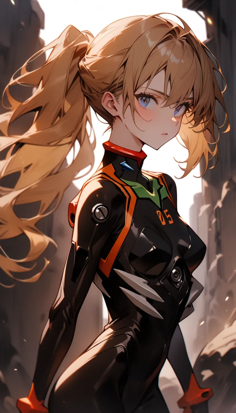 1girl, slim, lean and toned body, fair skin, long wavy blonde hair, ponytail, icy-blue eyes, faint scar traces her left eyebrow, Neon Genesis Evangelion, Rebuild of Evangelion, Plug suit, Pilot suit, Black bodysuit, Standing, subtle armor on chest and spin...