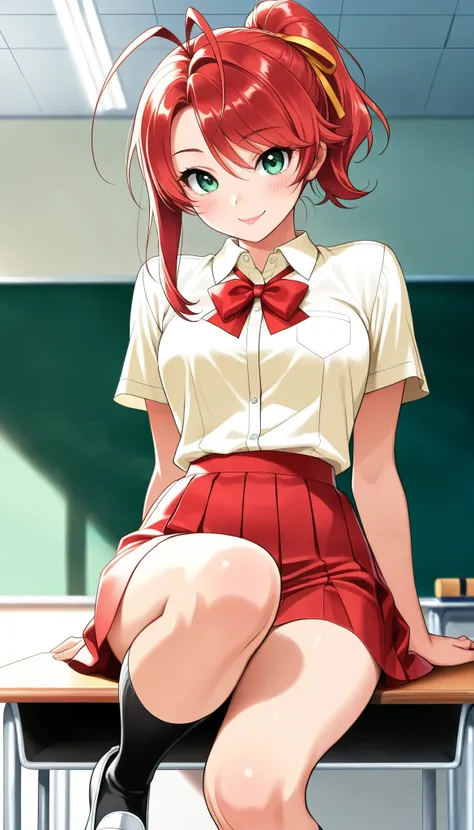  1 beautiful girl, Hayase Mina, \(sexfriend\), (A woman with radiant skin:1.6,green eyes, smile, blush), (( red hair , ponytail tied with yellow ribbon,  asymmetrical hair, Big Antenna Hair:1.6,  black socks, Indoor shoes)),  beautiful eyes,  beautiful lip...