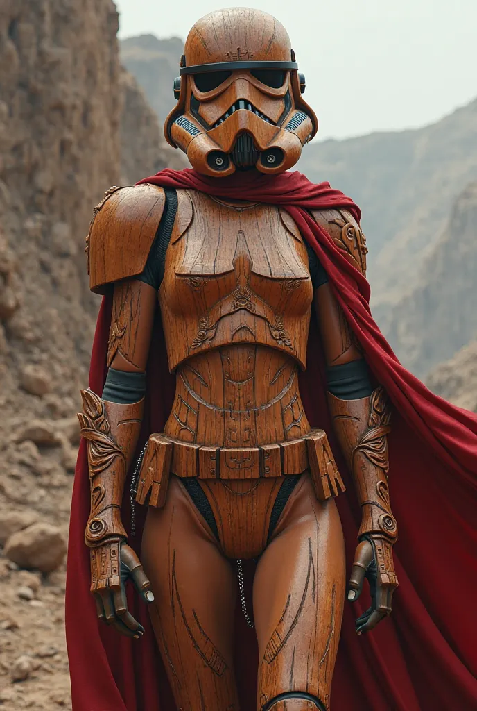 Sexy female stormtrooper (Star Wars), carved wooden leotard, wood helmet, wood armor, wood mask, wearing blood cape