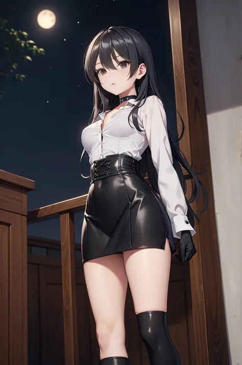 Masterpiece, anime style, A young girl,  of foot, ( seen from the front ), ((( arms crossed ))), pretty face,  surprised look, ((redness on the cheeks)), long black hair, detailed eyes,  black eyes,  choker : 1.6, (( long sleeve white shirt )), ( black glo...