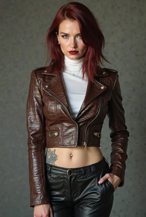 A photo of a beautiful woman with asymmetric mid-length dark crimson hair, pale blue eyes, pale skin, dark crimson lipstick, Gemma Arterton look-alike, muscular and tall build, wearing a very dark brown crocodile pattern small tight leather jacket with lon...