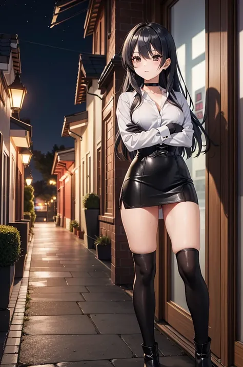 Masterpiece, anime style, A young girl,  of foot, ( seen from the front ), ((( arms crossed ))), pretty face,  surprised look, ((redness on the cheeks)), long black hair, detailed eyes,  black eyes,  choker : 1.6, (( long sleeve white shirt )), ( black glo...