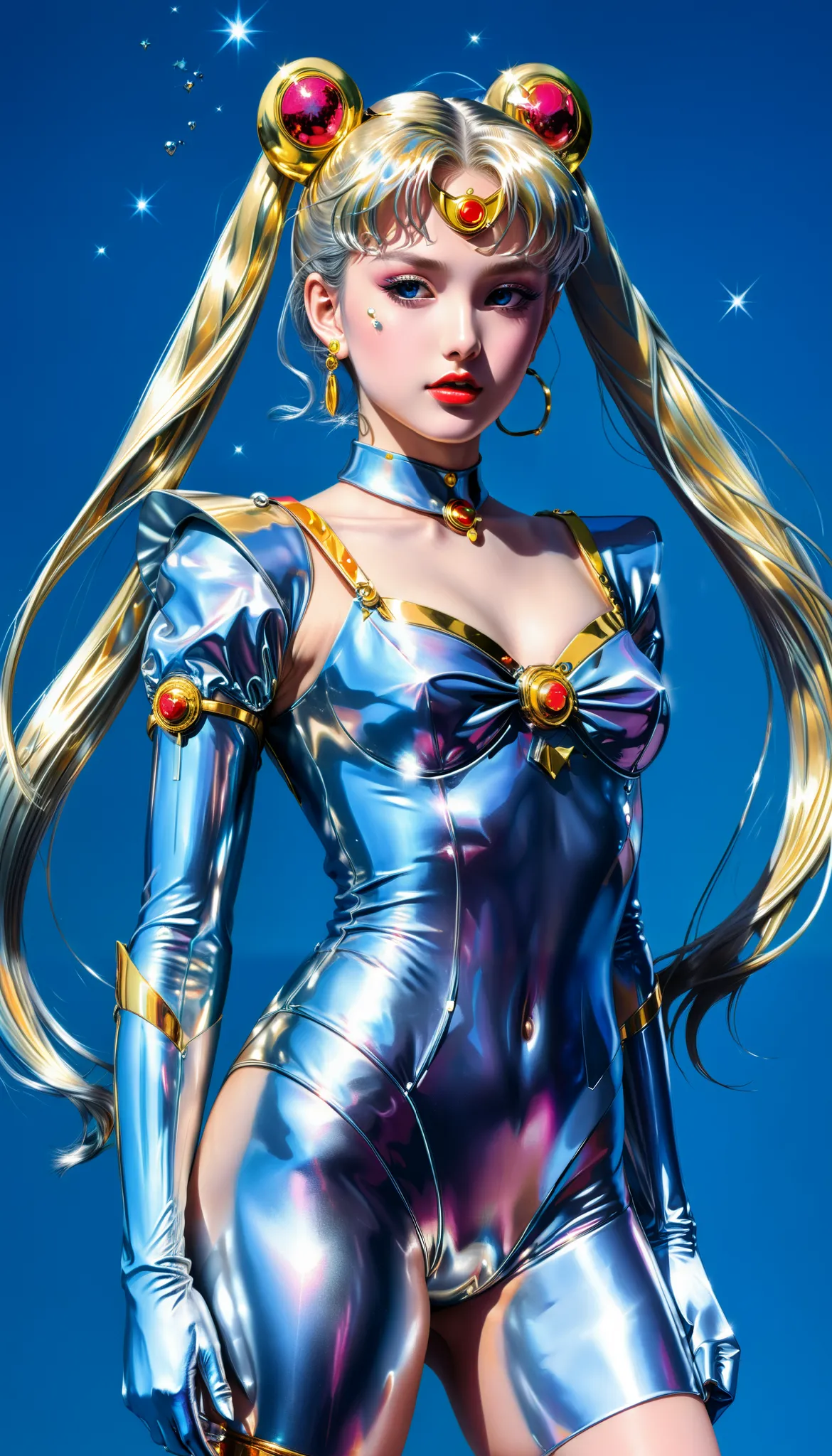 Sailor Moon, by Hajime Sorayama, features a chrome suit against a vibrant blue background that highlights silver and chrome tones.