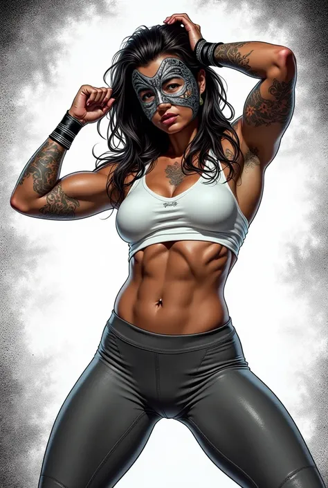 A full body portrait of muscular woman wrestler, Licha Libre wrestler mask, Tight White crop shirt, grey Tight leggins, sport Shoes, 40 years, leggins with marks, Tanned skin, Muscular Athlete Body, sexy seductive pose, arms up, armpits visible, spreed leg...