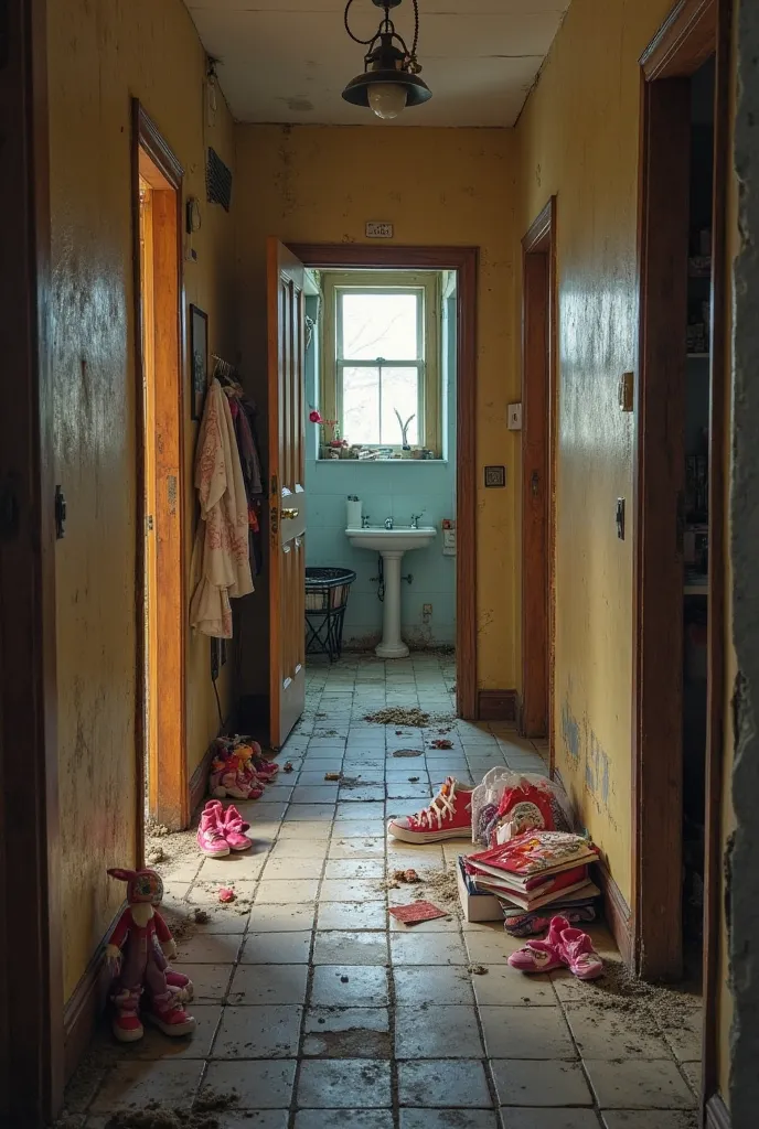 corridor of a house, old floor in the end is the bathroom, the door is open . The house is cluttered, and dirty. In some parts it is under repair or unfinished. In the corridor there are toys, books and clothes for girls, lying on the.