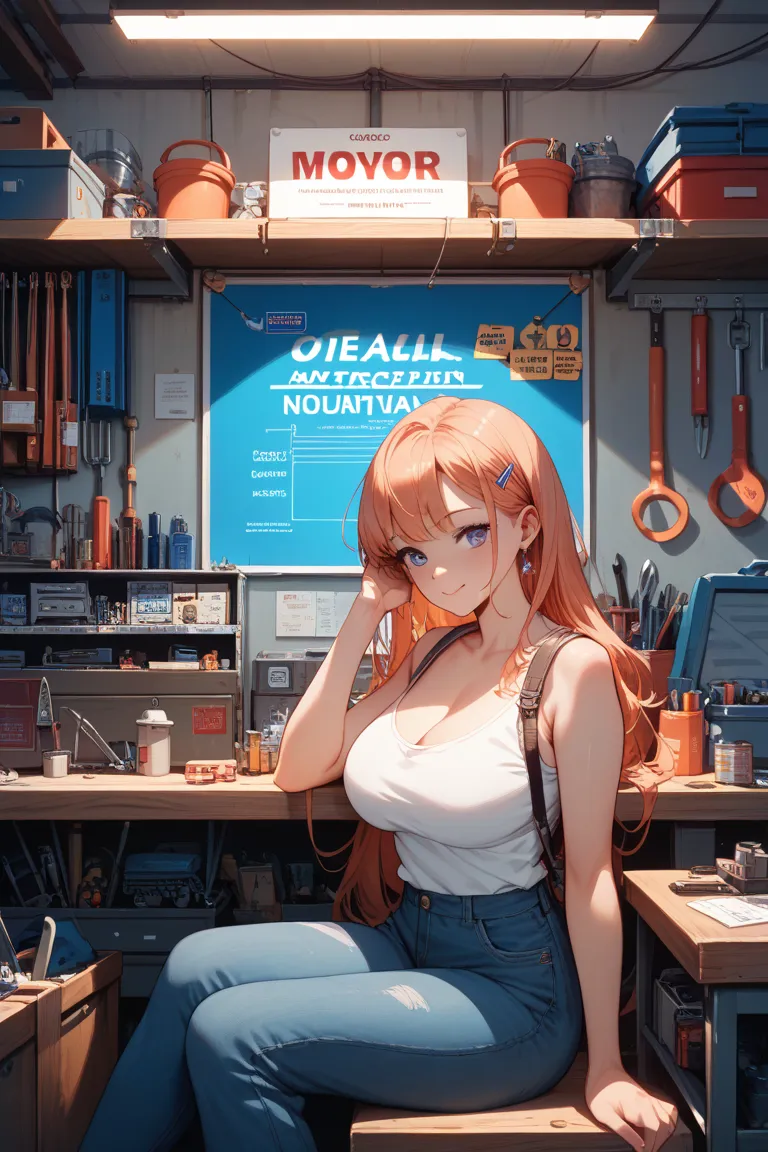 one girl, Big Breasts,  sitting,  neon sign for the , Tons of Tools, Tool Shelf, Interview, Workshop, High Resolution, HD, High Resolution度,anime style,