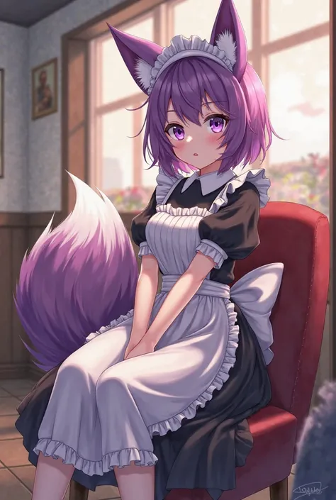 Maid Girl with Fox Ears Side Tail Purple Hair Anime Illustration Sitting on a Chair at Odd Eye Cafe Anime Illustration, Fair Skin, High Quality