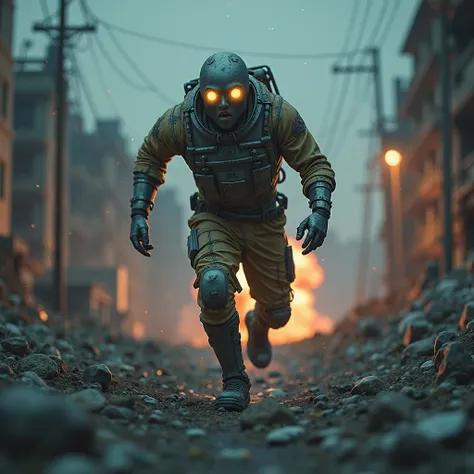 3D animation, first-person near view: A half-robot man, metallic skin and glowing eyes, in a worn radiation suit sprints through a bombed-out under a night sky A distant nuclear explosion is visible.