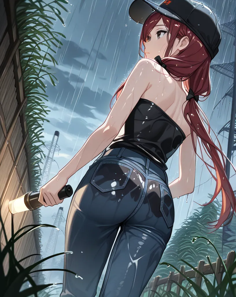 score_9, score_8_up, score_7_up, 1girl, holding flashlight, solo, close up, back view, ass, walking under willow trees, low twin tails, gray eyes, dark red hair,  (((long swept bangs))), thin, close up, small breasts, (((strapless))), ((strapless loose sle...