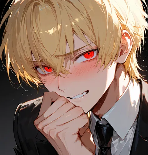 1boy, blonde, deep red eyes, point teeth, shy expression