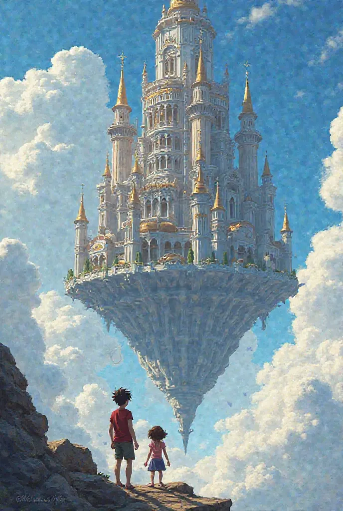 A boy and a girl discover a giant library in the clouds 
