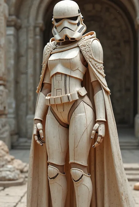 Sexy female stormtrooper (Star Wars), carved wooden leotard, wood helmet, wood armor, wood mask, wearing white cape