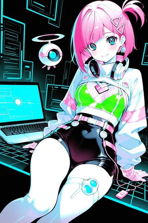 A futuristic hacker woman, Bob＋Mesh Color（Blue or purple)Incorporate hairpins well with an asymmetrical hairstyle,wear a futuristic jacket with fluorescent lines,cyber goggles and earphone type devices, headphones around the neck ,tight shorts that are eas...